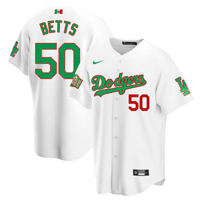 Men's Los Angeles Dodgers #50 Mookie Betts White Green MLB Mexico 2020 World Series Stitched Jersey Men's Los Angeles Dodgers #50 Mookie Betts White Green MLB Mexico 2020 World Series Stitched Jersey